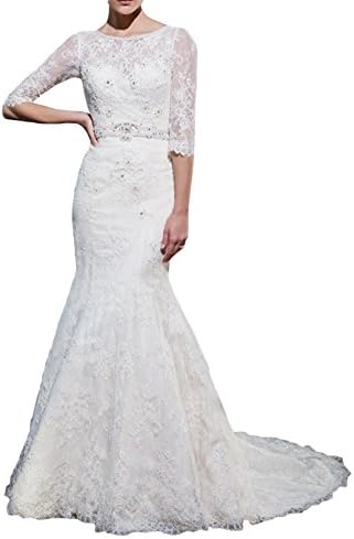 LISTEN TO ME Women's Sheer Lace Half Sleeve Bride Mermaid Wedding Dress