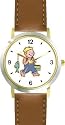 Young Boy Fishing or Fisherman with Fish on Fishing Pole Fishing - WATCHBUDDY&reg; DELUXE TWO-TONE THEME WATCH - Arabic Numbers - Brown Leather Strap-Size-Large ( Men's Size or Jumbo Women's Size )