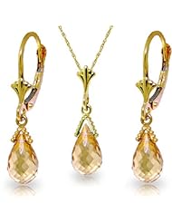 14k Solid Gold Jewelry Set: Natural Briolette Citrine Pendant Necklace and Dangle Earrings