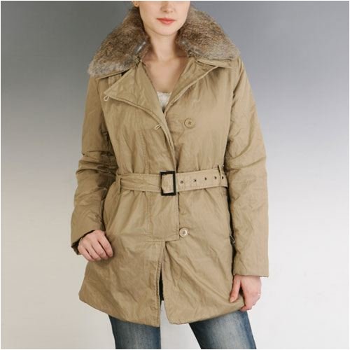 Women's Metallic Crinkle Filled Walking Coat with Removable Fur Collar