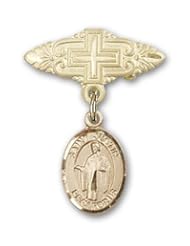 14K Gold Baby Badge with St. Justin Charm and Badge Pin with Cross