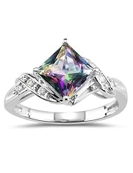 0.09 Cts Diamond & 2.06 Cts of 7 mm AA Princess Mystic Fire Topaz Ring in 14K White Gold