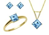 10k Yellow Gold, December Birthstone, Coated Blue Topaz Ring, Pendant and Earring Set, Ring Size 7