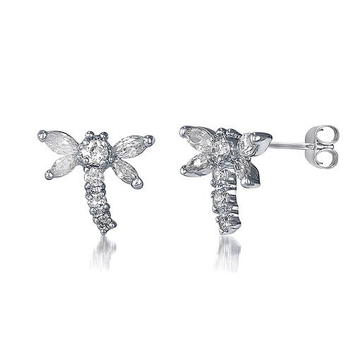 Dragonfly Stud Earrings in Sterling Silver Earrings Cubic Zirconia CZ - Ideal Gift For Mother, For Her, Birthday, Anniversary, Bridal, Wedding, Engagement