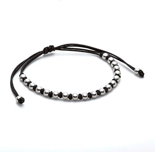 Adjuatable Nylon Black Rope Knot Stainless Steel Bead Bracelet Steel Plated Color Black