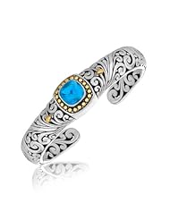 18K Yellow Gold and Sterling Silver Baroque Open Bangle with a Blue Topaz Stone