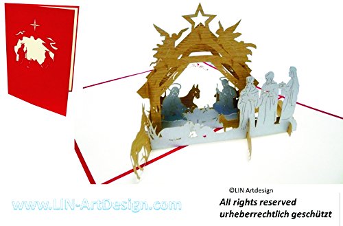 LINPOPUP, POP UP card, 3D Christmas cards, greeting cards Christmas, Christmas crib, 15 cm x 20 cm, N422