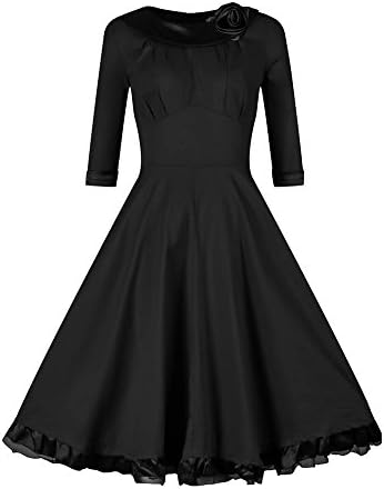 DLSVINTAGE Women's 1950s Vintage 3/4 Sleeve Rockabilly Swing Dress (L, Black)