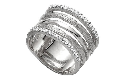 14K White Gold Hand-Crafted Matte-Finish Designer Ring, Enhanced with Pave Set Diamonds.