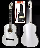 Produkt-Bild: 4/4 Konzertgitarre Akustik Gitarre in Wei&szlig; mit Zubeh&ouml;rset: Tasche, Gurt, Ersatzsaiten, Stimmpfeife und Plektren