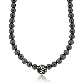 Sterling Silver Genuine Hematite Marcasite Stone Bead Necklace by Marcasite Birthstones