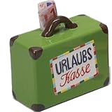 Spardose "Urlaubskasse" (Keramik * Mit Schloss * Sortiert (braun/blau/gruen) * 14,5 x 7 x 13 cm)