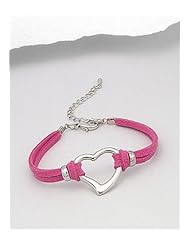 Deep Pink Heart Artificial Suede Leather Bracelet In White Base