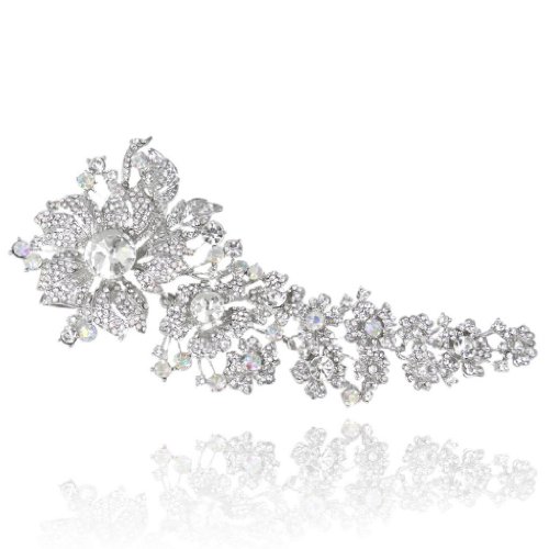 EVER FAITH® Bridal Silver-Tone 7.6 Inch Flower Leaf Brooch Clear Austrian Crystal