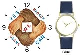 Black & White Hands and Forearms Interlocking - Yes We Can No.1 - President Barack Obama Commemorative - WATCHBUDDY&reg; DELUXE TWO-TONE THEME WATCH - Arabic Numbers - Blue Leather Strap-Size-Children's Size-Small ( Boy's Size & Girl's Size )