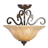 Brise - 3 Light Asian Semi Flush Mount Ceiling Lighting Fixture - Chocolate Bronze with Gold Accents - Sculpted Antiqued Glass - B6454