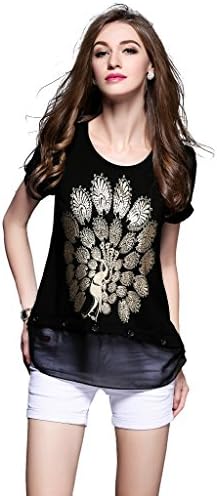 Gressa Women's Peacock Printed Short Sleeve Scoop Neck Chiffon T-shirt Tunic Top US/10