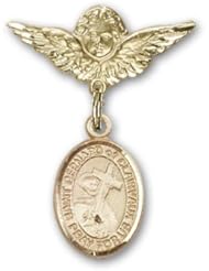 Gold Filled Baby Badge with St. Bernard of Clairvaux Charm and Angel with Wings Badge Pin