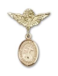 14K Gold Baby Badge with St. Bernard of Clairvaux Charm and Angel with Wings Badge Pin