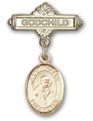 14K Gold Baby Badge with St. Robert Bellarmine Charm and Godchild Badge Pin