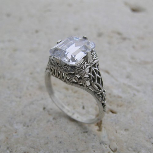 14k White Gold Art Nouveau Emerald Shape CZ Ring