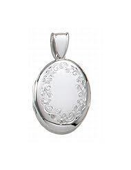 14k White Gold Premium Weight Hand Engraved Oval Picture Locket 3/4 inch x 1 inch in Solid 14K White Gold