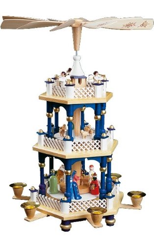 Alexander Taron 16727 Pyramid 3 Tier Nativity Scene Blue with White Fences