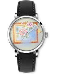SPRAWL Aanalog Fashion Series Silver Ladies Watches of Genuine Black Leather Strap,Unique Wrist Watch for Women Girls Designed with Flower frame 3D