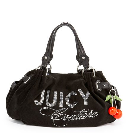 Juicy Couture Day Fluffy Rhinestone Cherry Charm Terry Satchel Bag Tote Black