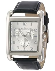 Geneva Womens 2377-B-GEN Silver-Tone and Black Faux Leather Square Oversized Boyfriend Watch