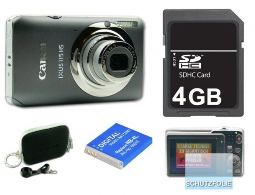 Canon Ixus 115 Grau Digitalkamera, ORIGINALVERPACKT, mit 4 GB SDHC Karte, Tasche, Schutzfolie, 2-tem Fremdhersteller AKKU