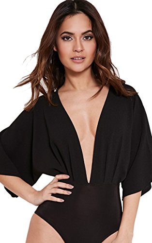 RUIGO Women's Sexy Deep V-neck Bawting Tight Bodysuit Jumpsuit One Piece Leotard (XL, Black)