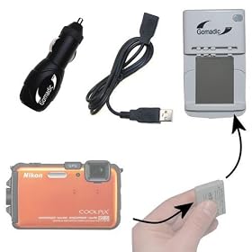 Portable External Battery Charging Kit for the Nikon Coolpix AW100 - Includes Wall; Car and USB Charging Options