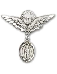 Sterling Silver Baby Badge with St. Samuel Charm and Angel with Wings Badge Pin