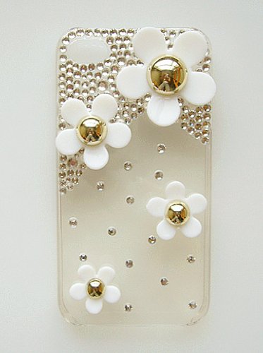 画像をクリックして拡大イメージを表示 安いiphone4S/4ケース カバー キラキラ デコ ホワイト花(T) 正規品ラインストーン100%使用