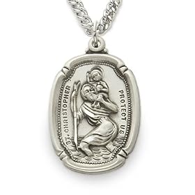 Sterling Silver 1" Shield Engraved St. Christopher Medal on 24" Chain