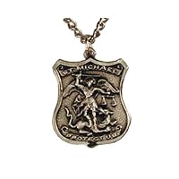St. Michael Badge Pewter Medant with Bright Cut Accents 15/16w X 1-1/16h ,24 Stainless Steel Chain Necklaces