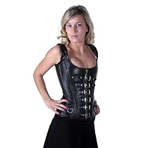Shaper Corset Gothic Black Leather Steel Boned Overbust Corset Front Buckle up Back Lacing Corset with Steel Stud SC80077A
