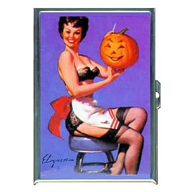 PIN UP GIRL PUMPKIN JACK O'LANTERN ID CREDIT CARD WALLET CIGARETTE CASE COMPACT MIRROR