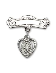 Sterling Silver Baby Badge with Miraculous Charm and Arched Polished Badge Pin