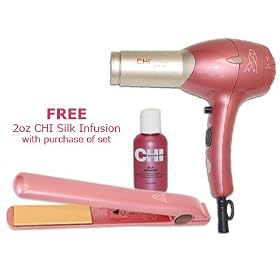 CHI PINK Breast Cancer Awareness Hair Dryer & Ceramic Iron Combo w/ Free Pink Silk Infusion 2oz