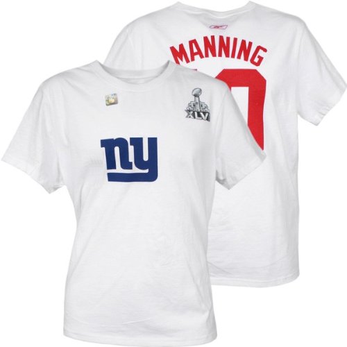 Women's Eli Manning New York Giants Super Bowl XLVI NFL Name and Number Tee by Reebok (White)(Size=X-LARGE)