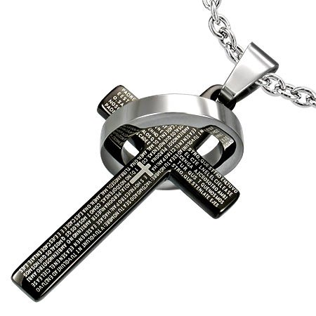 New Men's Stainless Steel The Lords Prayer Cross Design Ring Link Pendant & Chain - Length 50cms
