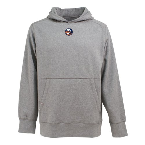 Antigua Men's NHL New York Islanders Impact Desert Dry Short Sleeve Hoodie, Grey Heather, Large