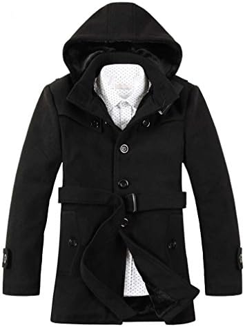 Izaac Men Thicken Fleece Wool Trench Coat Hooded Coat Jacket Long Coat Jacket (US S/Tag L, black)