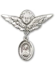 Sterling Silver Baby Badge with St. Timothy Charm and Angel with Wings Badge Pin