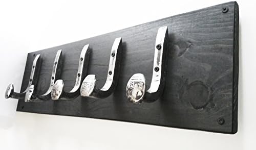 Heavy Duty Coat Hat Robe Tool Towel Hook Rail Rack Wall Mount Storage Display Rustic Holder Architectural Reclaimed Organizer Kitchen Bathroom Foyer Bedroom Closet Garden Garage Accessory Wooden Antique Vintage Metal (Black Ebony and Brushed Steel, 20" Rack Rail with 5 Railroad Spike Hooks)