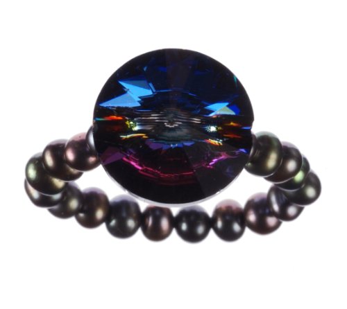 3.5-4mm Peacock Freshwater Cultured Pearl Stretch Ring with Crystallized Swarovski Elements Multi-Peacock Button Stone Center