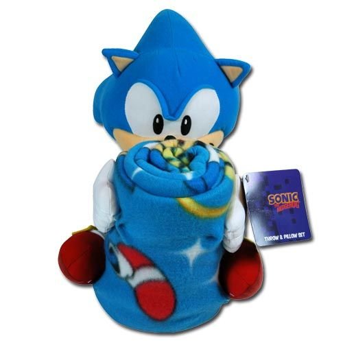 Sega Sonic The Hedgehog Large Plush Doll Pillow Buddy and Cuddle Bed Blanket Throw Set