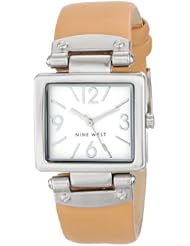 Nine West Womens NW/1589SVCM Rectangular Silver-Tone Case Brown Strap Watch